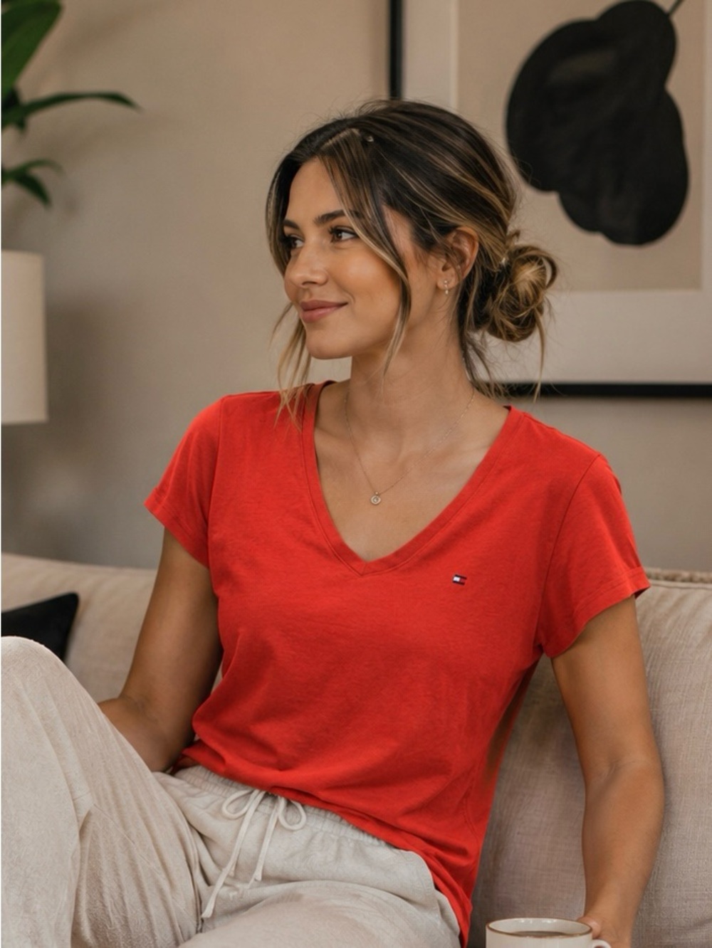 Tommy Hilfiger Women’s Red V-Neck Short Sleeve Tee